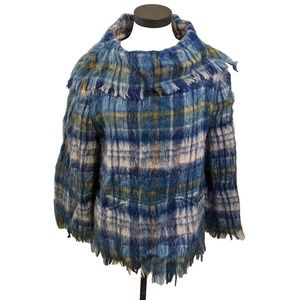 Ben Nevis Strathtay Originals Scotland  sweater Poncho Blue Plaid Cowl Neck